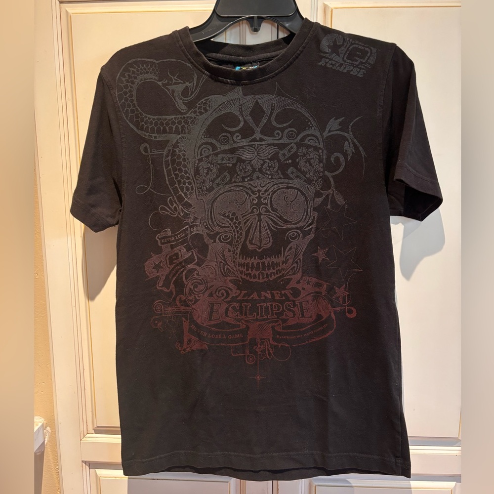 Planet Eclipse never lose a game Size XS Black Skull Graphic T-Shirt